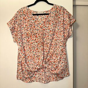 Acoa Women’s Medium Dainty Floral Knot Front V Neck Short Sleeve Blouse EUC